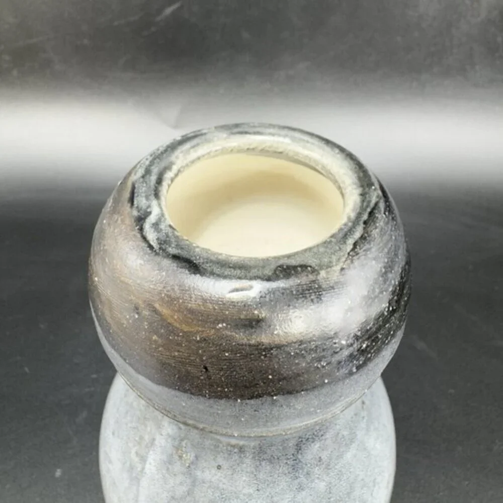 Primitive Style Art Pottery Bud Vase Round Bottom‎ Gray Black Lines Glaze Vase